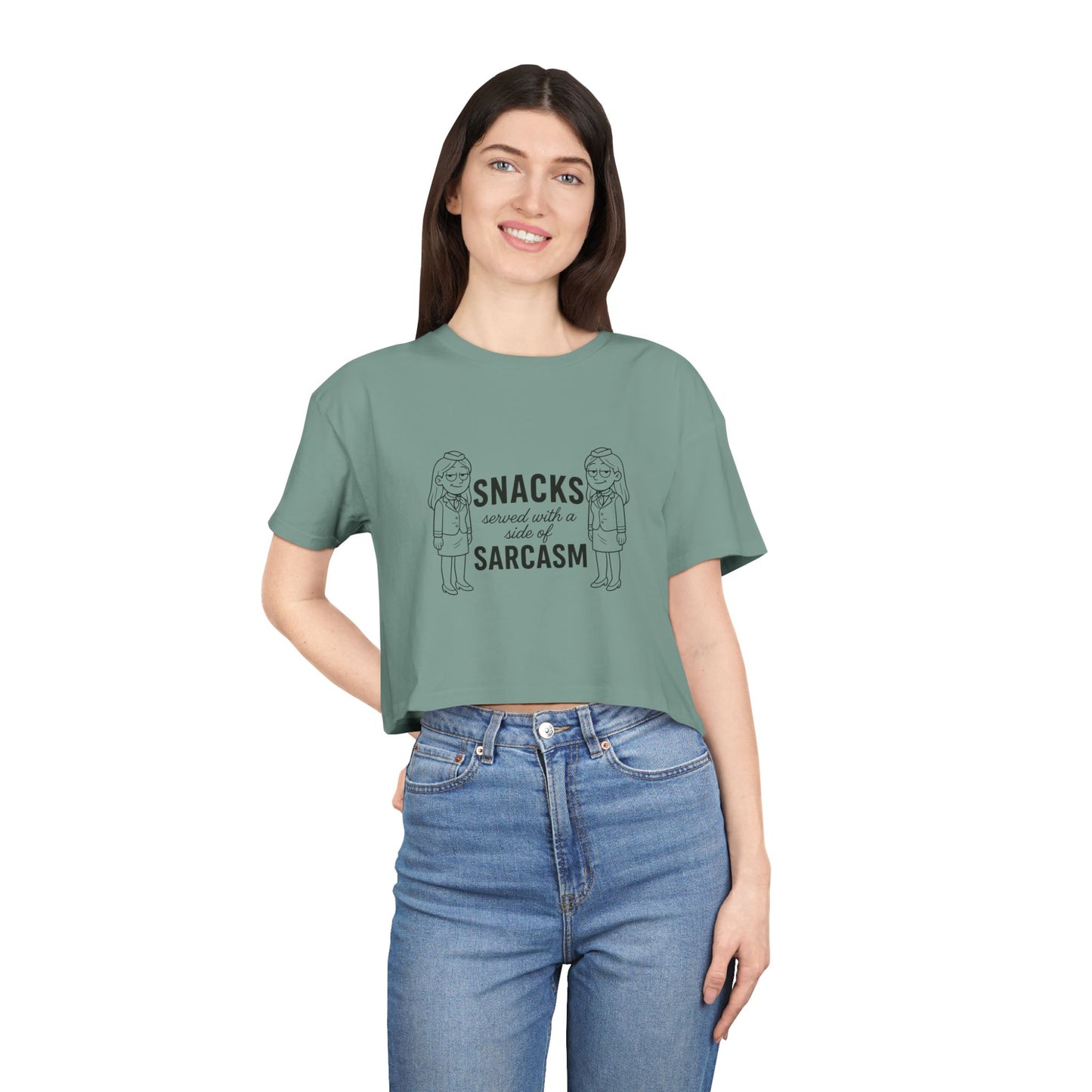 “Snacks & Sarcasm” Crop Tee- Funny Flight Attendant Shirt, Sassy Lounge Crop Top for Aviation Lovers or Snack Queens
