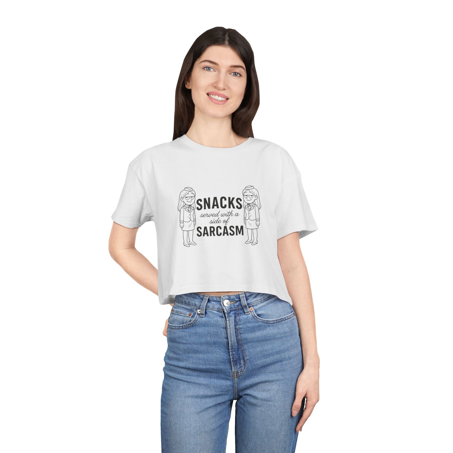 “Snacks & Sarcasm” Crop Tee- Funny Flight Attendant Shirt, Sassy Lounge Crop Top for Aviation Lovers or Snack Queens