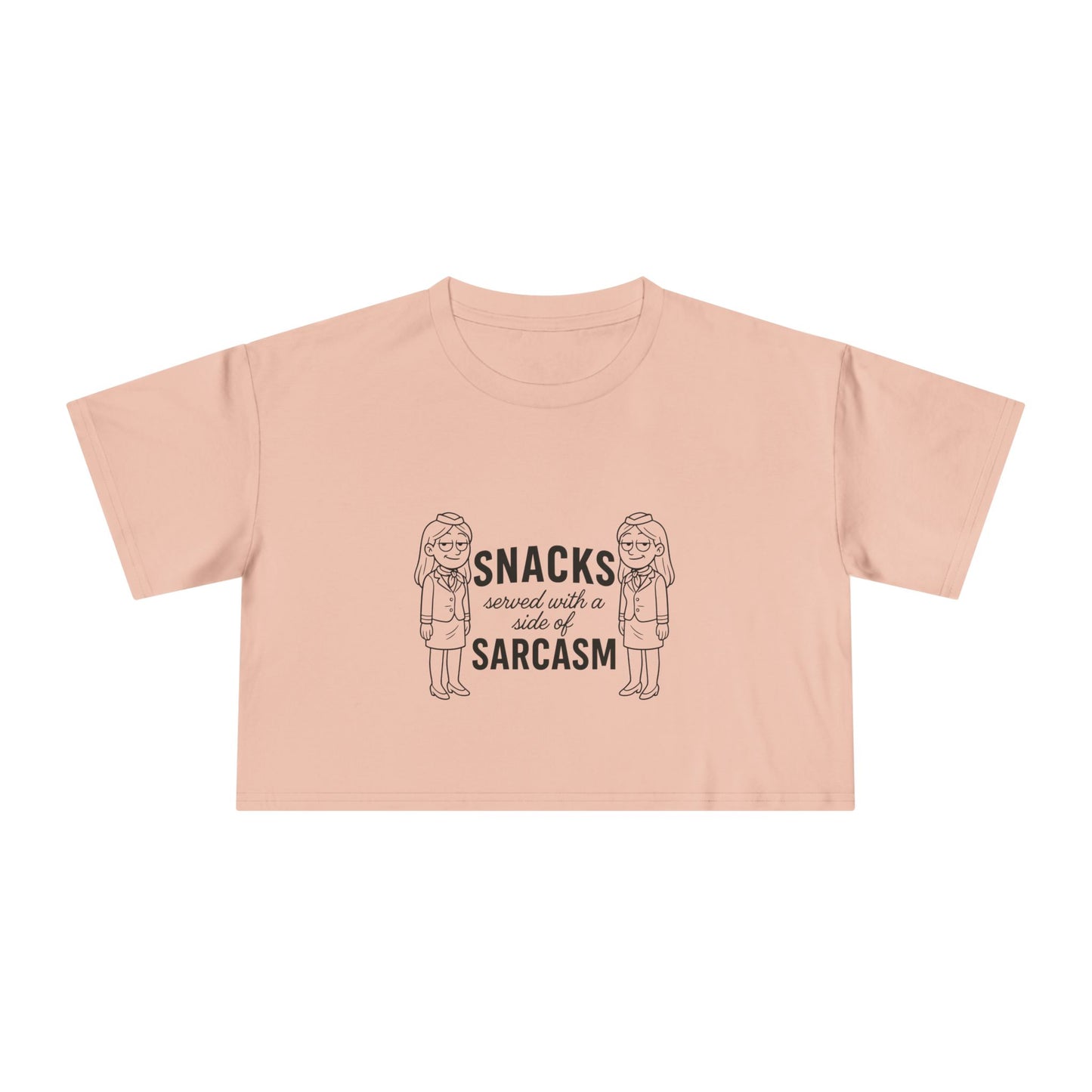 “Snacks & Sarcasm” Crop Tee- Funny Flight Attendant Shirt, Sassy Lounge Crop Top for Aviation Lovers or Snack Queens
