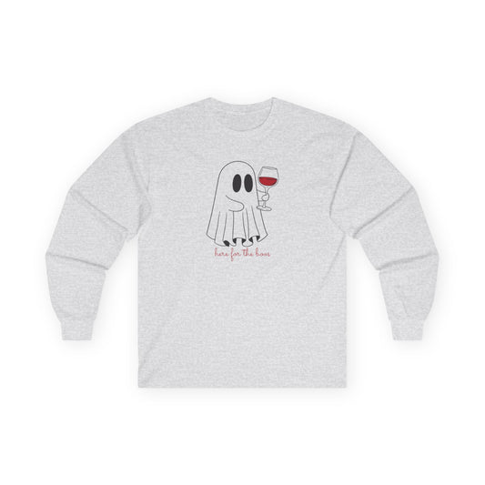 Ghost Wine Lover Long Sleeve Tee, Funny Halloween Shirt, Cute Pajama Top, Unisex Fall Apparel, Spooky Party Wear, Gift for Wine Enthusiasts