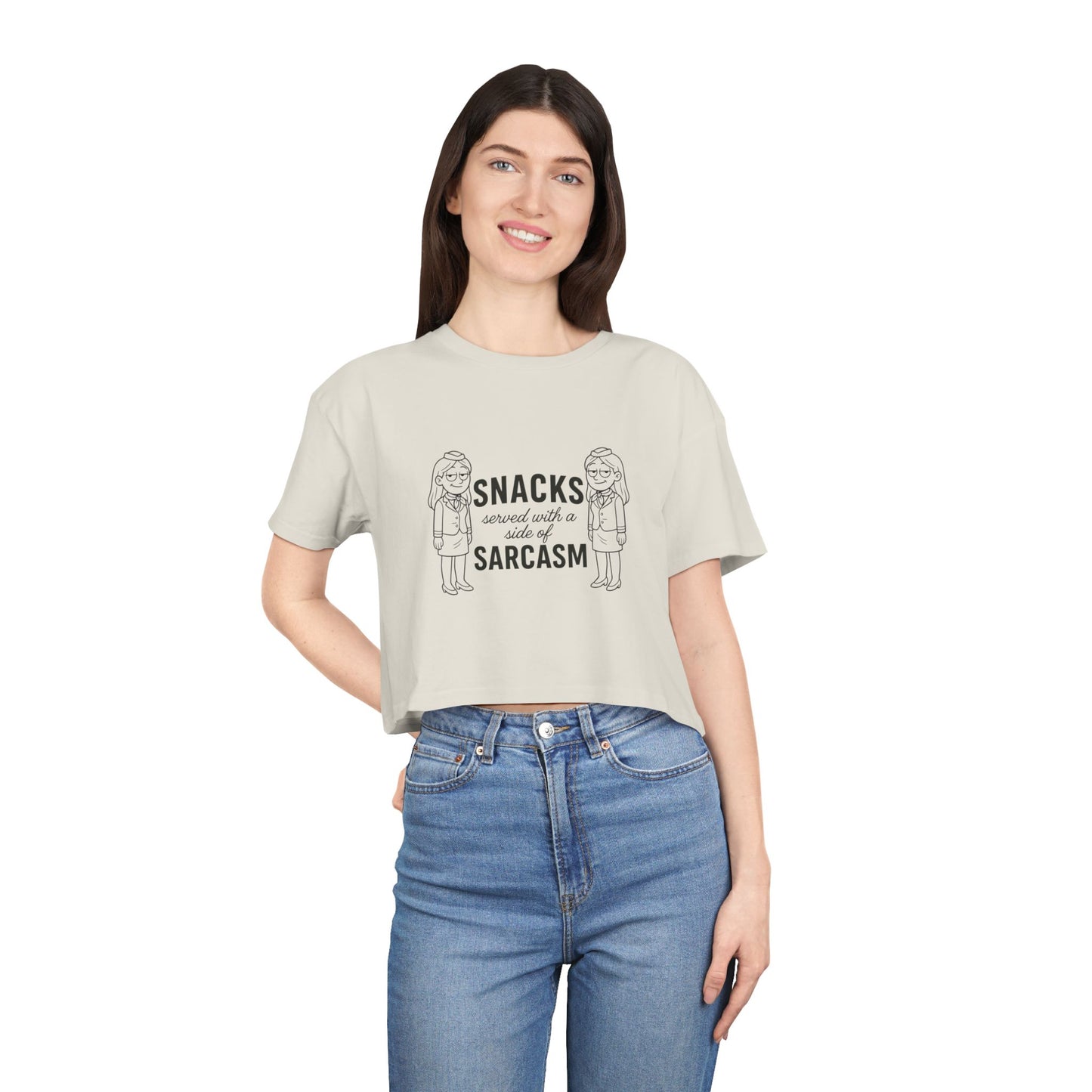“Snacks & Sarcasm” Crop Tee- Funny Flight Attendant Shirt, Sassy Lounge Crop Top for Aviation Lovers or Snack Queens