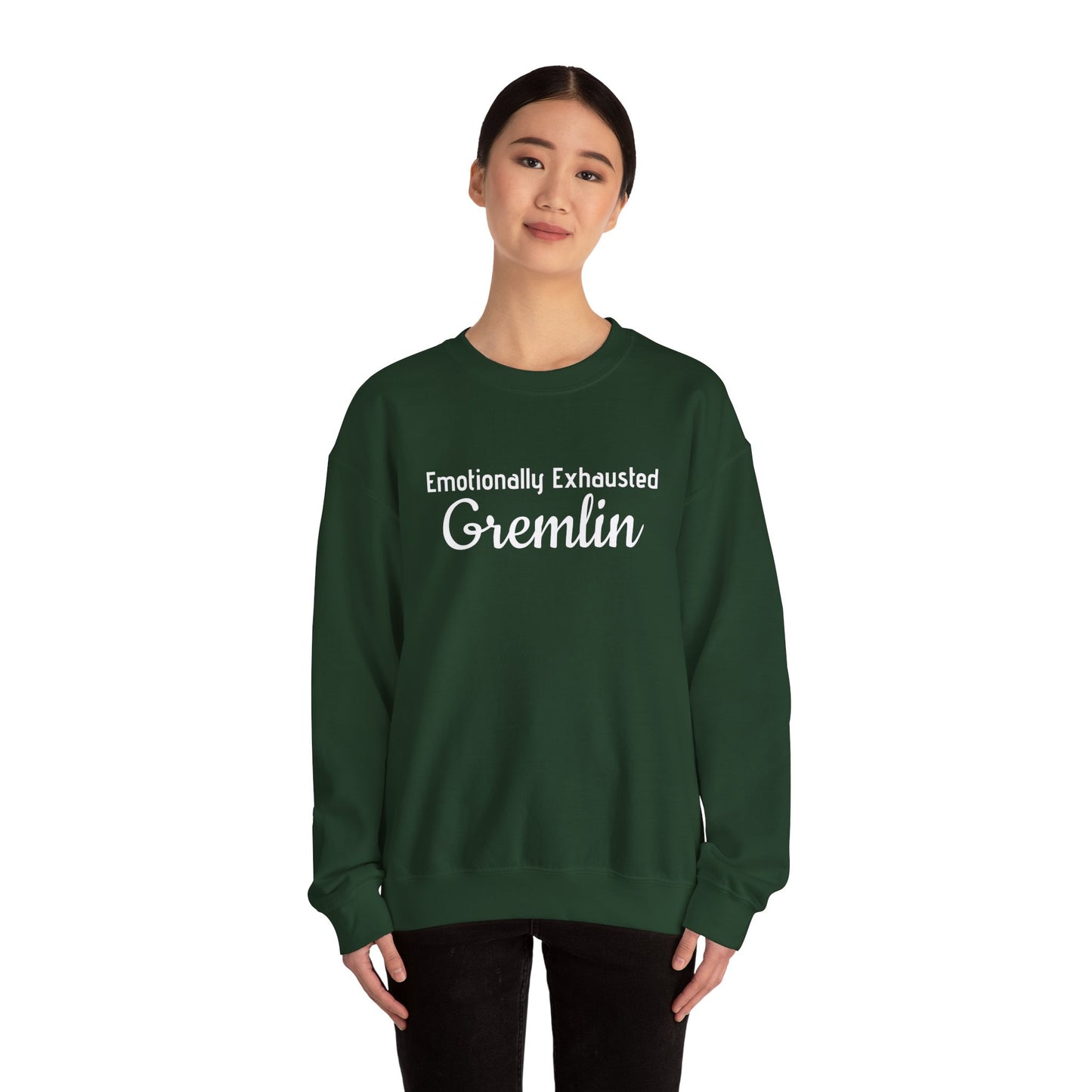 Emotionally Exhausted Gremlin Sweatshirt, Unisex Crewneck, Cozy Gift, Casual Wear, Fun Design, Halloween Fashion, Gift for Friends