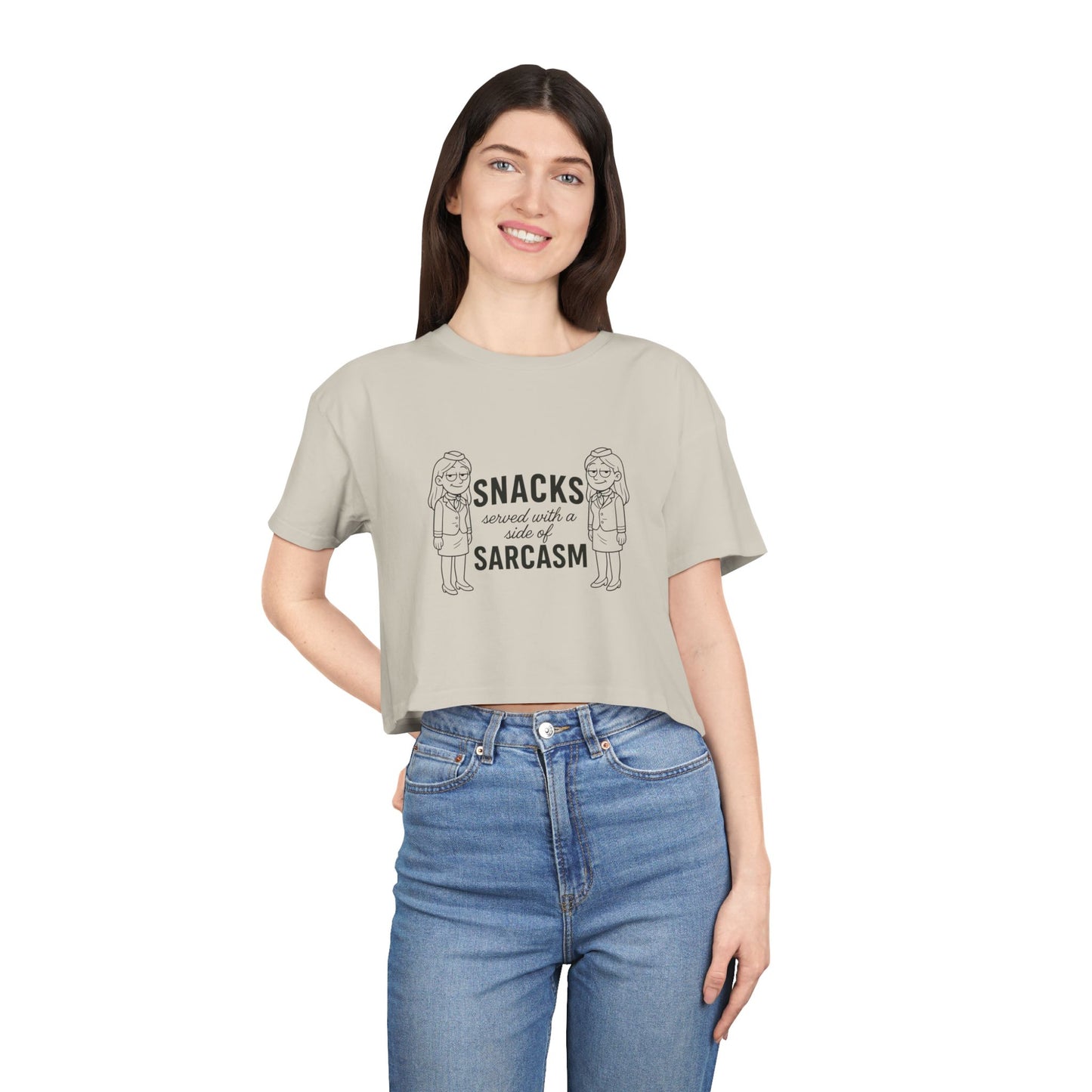 “Snacks & Sarcasm” Crop Tee- Funny Flight Attendant Shirt, Sassy Lounge Crop Top for Aviation Lovers or Snack Queens