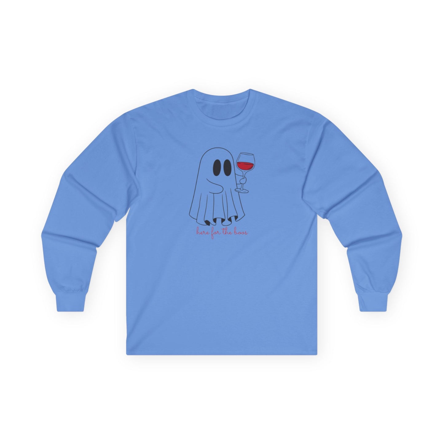 Ghost Wine Lover Long Sleeve Tee, Funny Halloween Shirt, Cute Pajama Top, Unisex Fall Apparel, Spooky Party Wear, Gift for Wine Enthusiasts