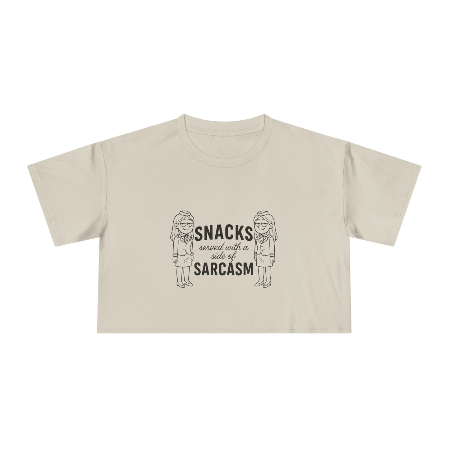 “Snacks & Sarcasm” Crop Tee- Funny Flight Attendant Shirt, Sassy Lounge Crop Top for Aviation Lovers or Snack Queens