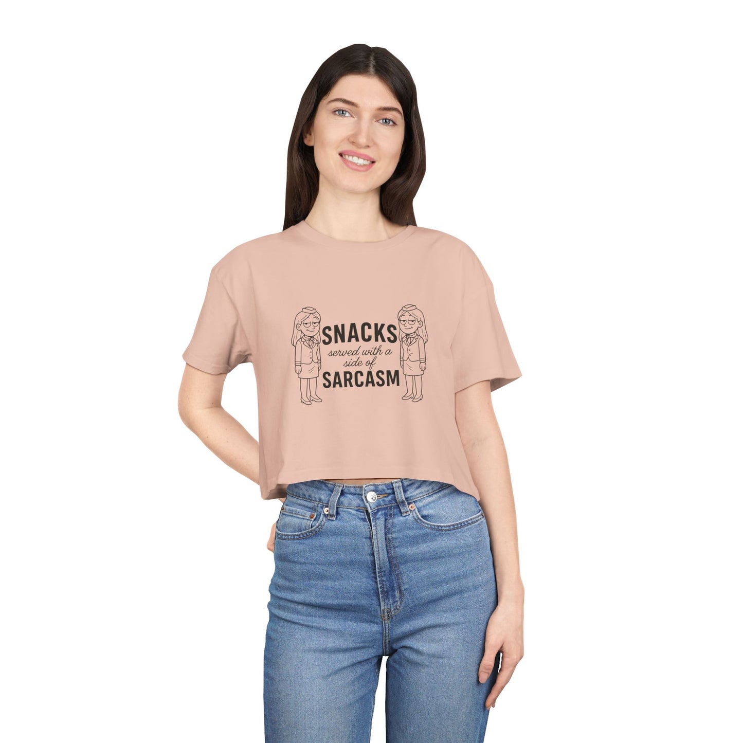 “Snacks & Sarcasm” Crop Tee- Funny Flight Attendant Shirt, Sassy Lounge Crop Top for Aviation Lovers or Snack Queens
