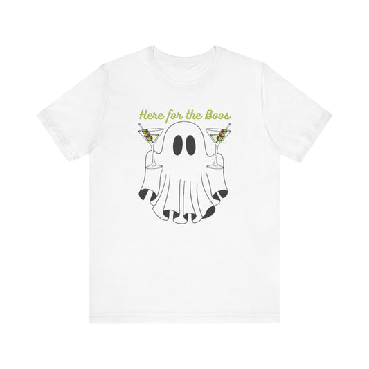 Here for the Boos Ghost Tee, Funny Halloween Shirt, Casual Unisex T-Shirt, Spooky Party Wear, Ghost Lover Gift