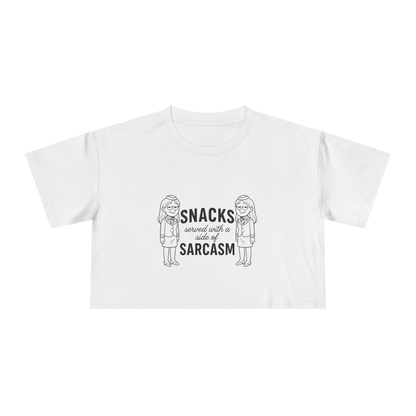 “Snacks & Sarcasm” Crop Tee- Funny Flight Attendant Shirt, Sassy Lounge Crop Top for Aviation Lovers or Snack Queens