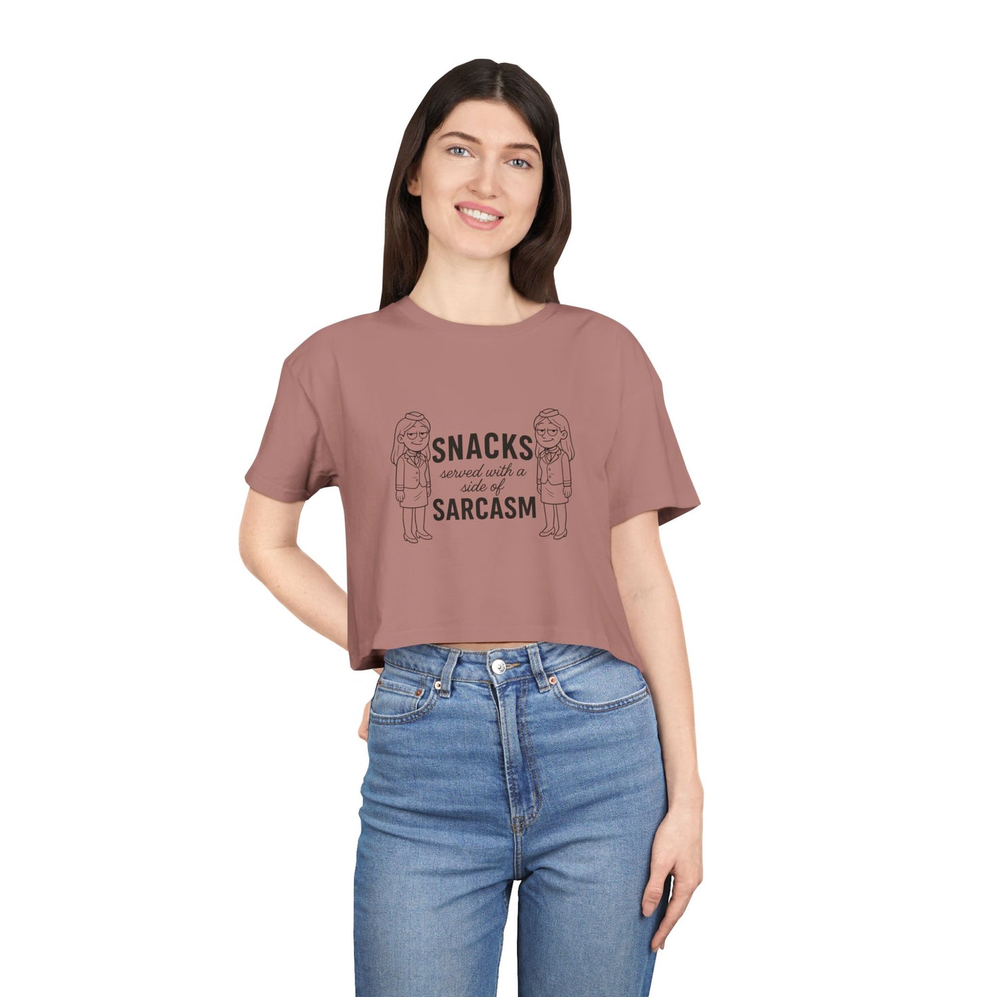 “Snacks & Sarcasm” Crop Tee- Funny Flight Attendant Shirt, Sassy Lounge Crop Top for Aviation Lovers or Snack Queens