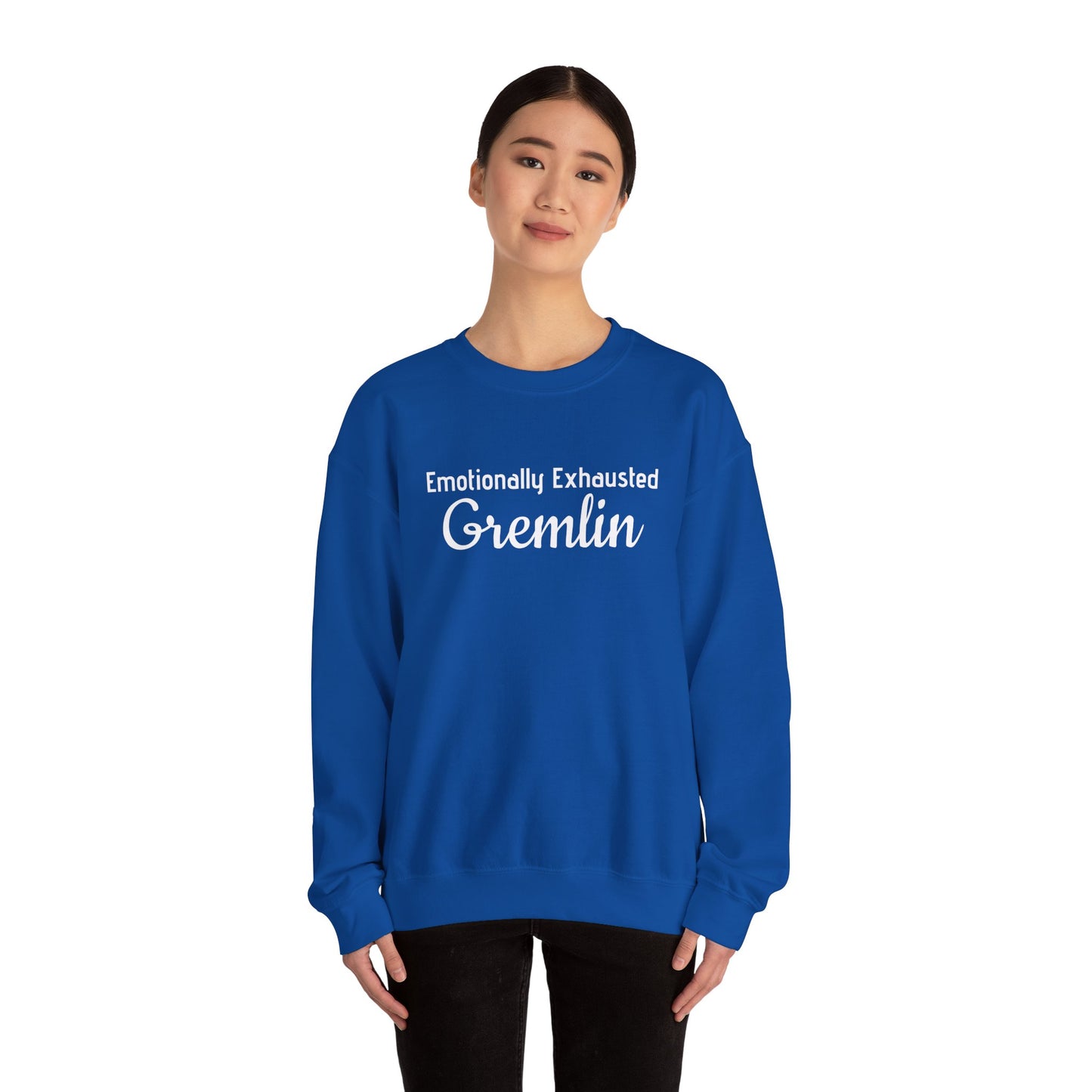 Emotionally Exhausted Gremlin Sweatshirt, Unisex Crewneck, Cozy Gift, Casual Wear, Fun Design, Halloween Fashion, Gift for Friends