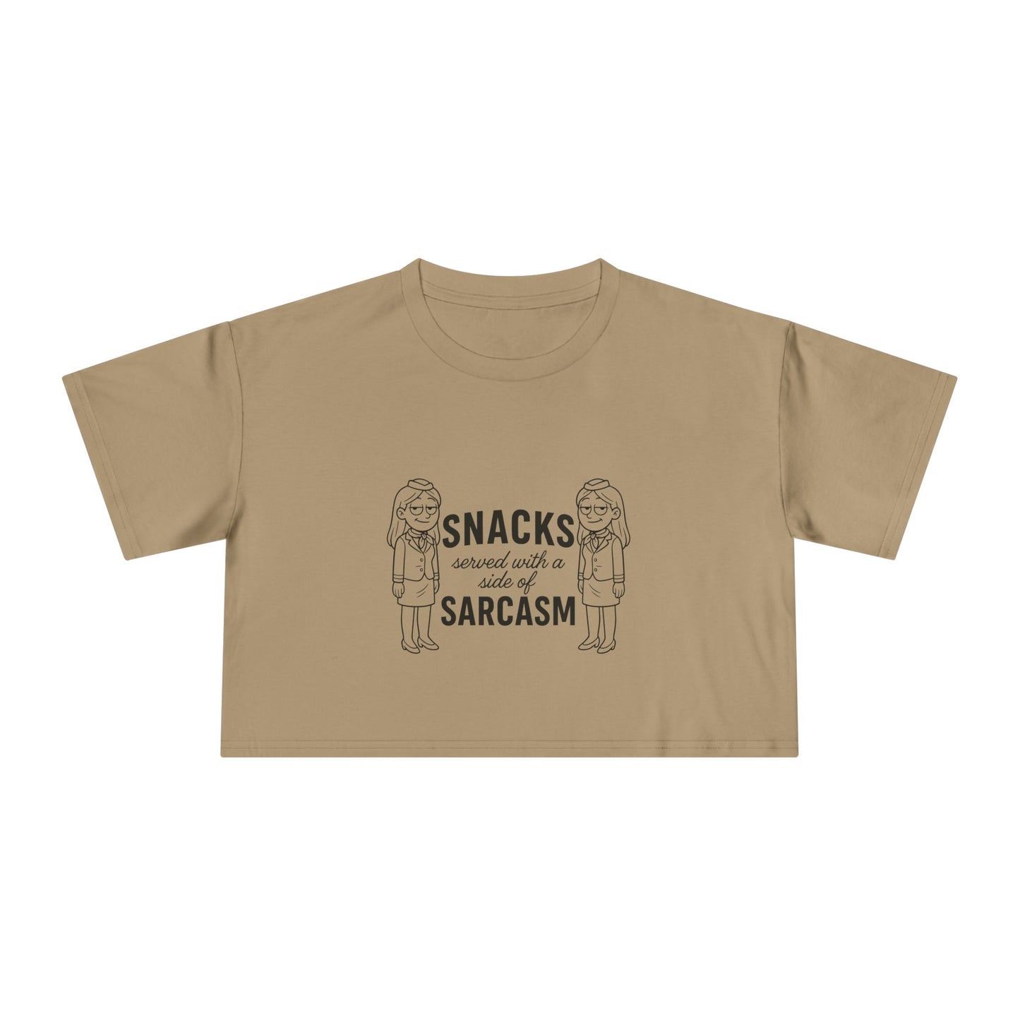 “Snacks & Sarcasm” Crop Tee- Funny Flight Attendant Shirt, Sassy Lounge Crop Top for Aviation Lovers or Snack Queens
