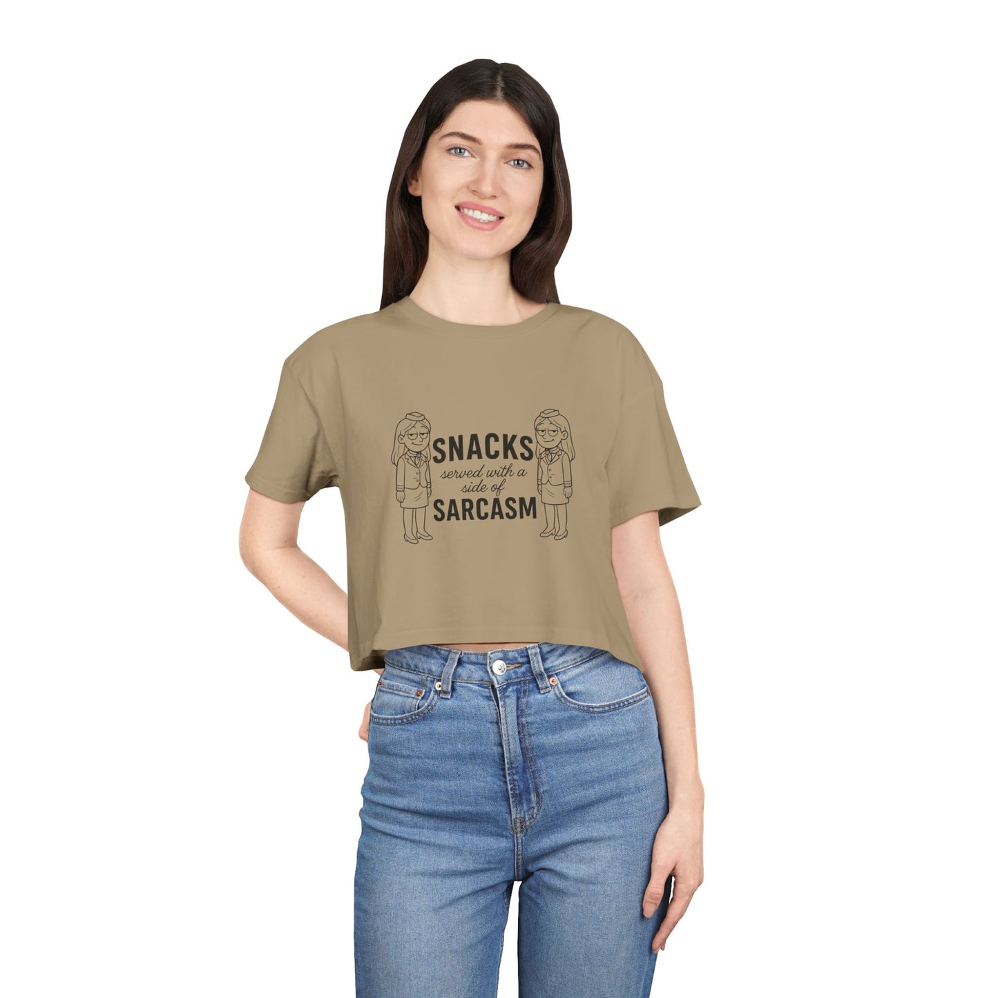 “Snacks & Sarcasm” Crop Tee- Funny Flight Attendant Shirt, Sassy Lounge Crop Top for Aviation Lovers or Snack Queens