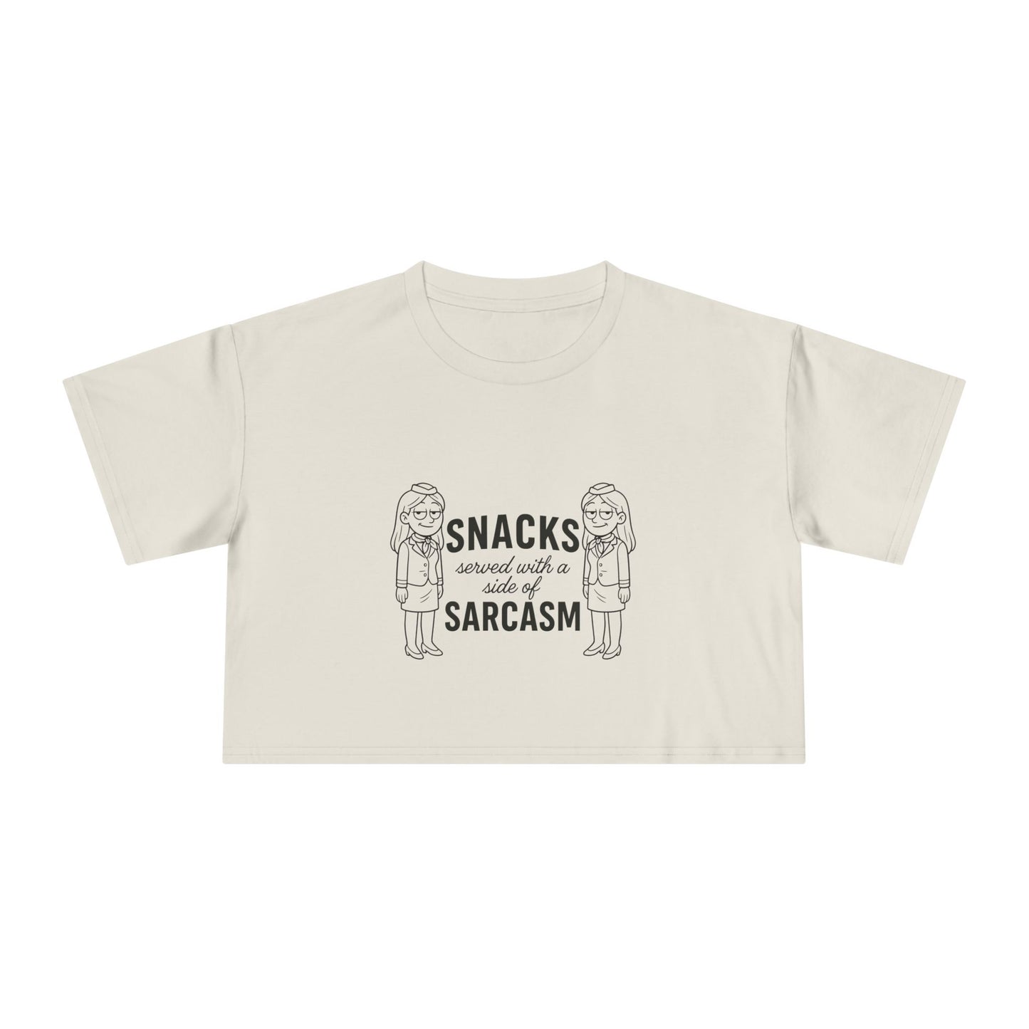 “Snacks & Sarcasm” Crop Tee- Funny Flight Attendant Shirt, Sassy Lounge Crop Top for Aviation Lovers or Snack Queens