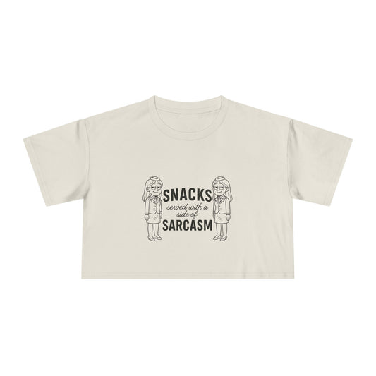 “Snacks & Sarcasm” Crop Tee- Funny Flight Attendant Shirt, Sassy Lounge Crop Top for Aviation Lovers or Snack Queens