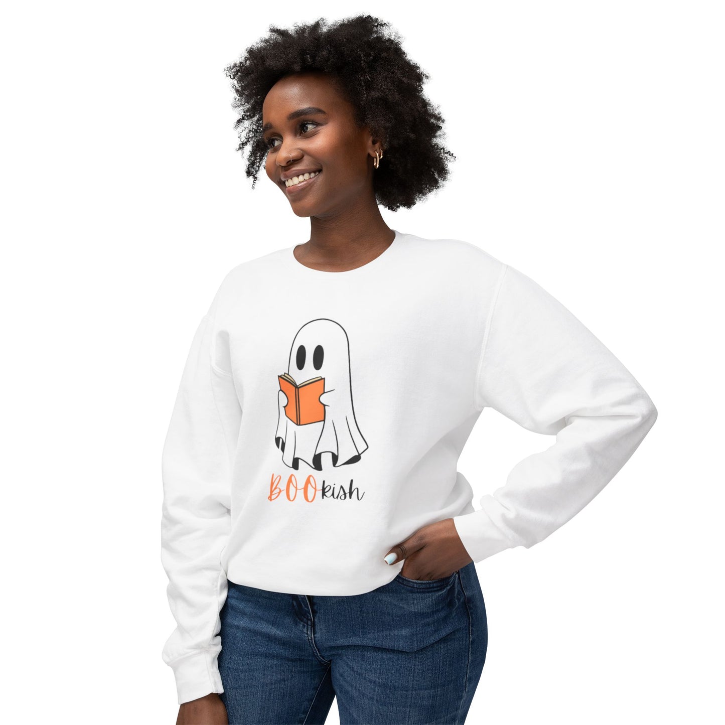 BOOkish Ghost Crewneck Sweatshirt | Lightweight Sweatshirt for Book Lovers | Halloween Apparel, Cozy Sweater, Fall Fashion, Gift Idea