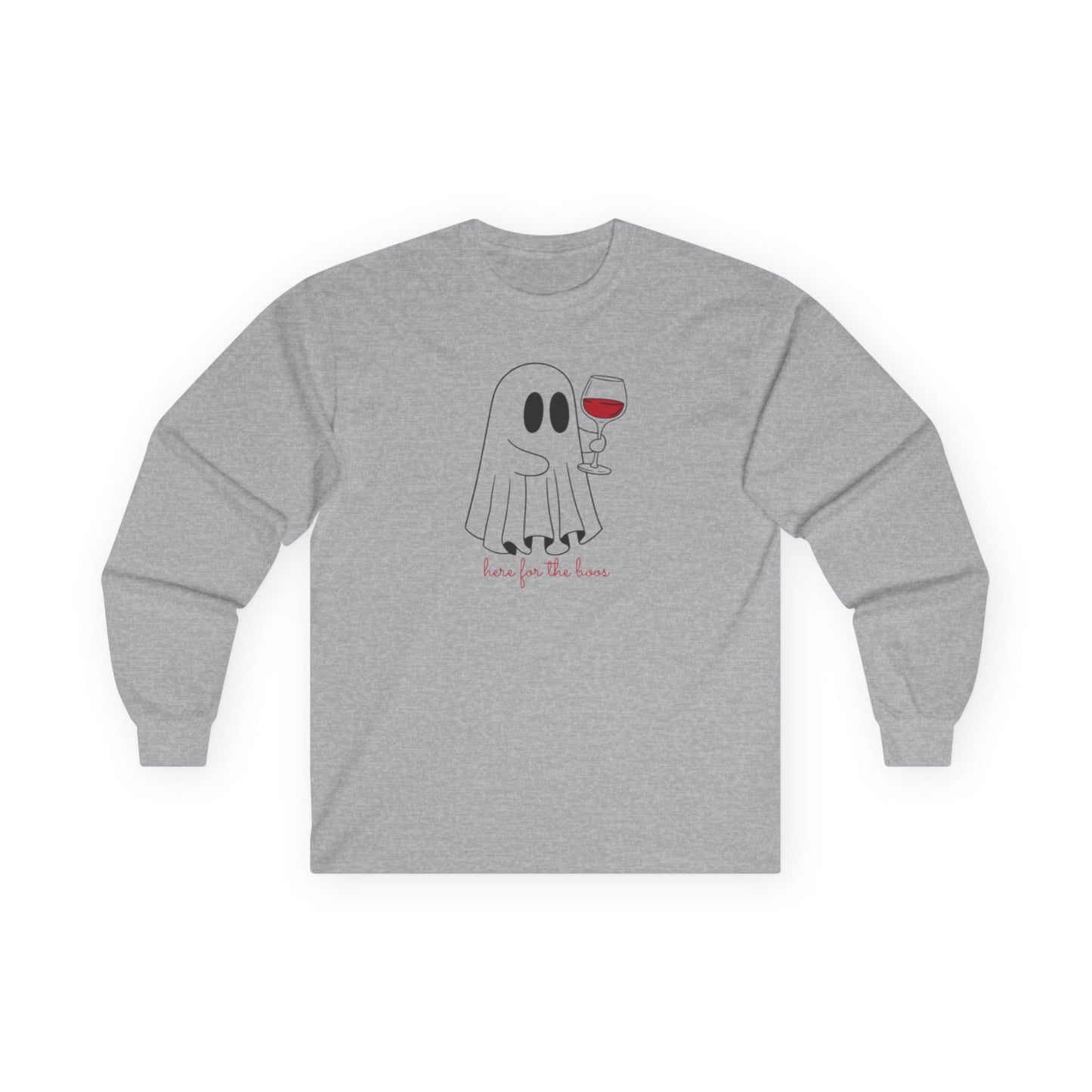 Ghost Wine Lover Long Sleeve Tee, Funny Halloween Shirt, Cute Pajama Top, Unisex Fall Apparel, Spooky Party Wear, Gift for Wine Enthusiasts