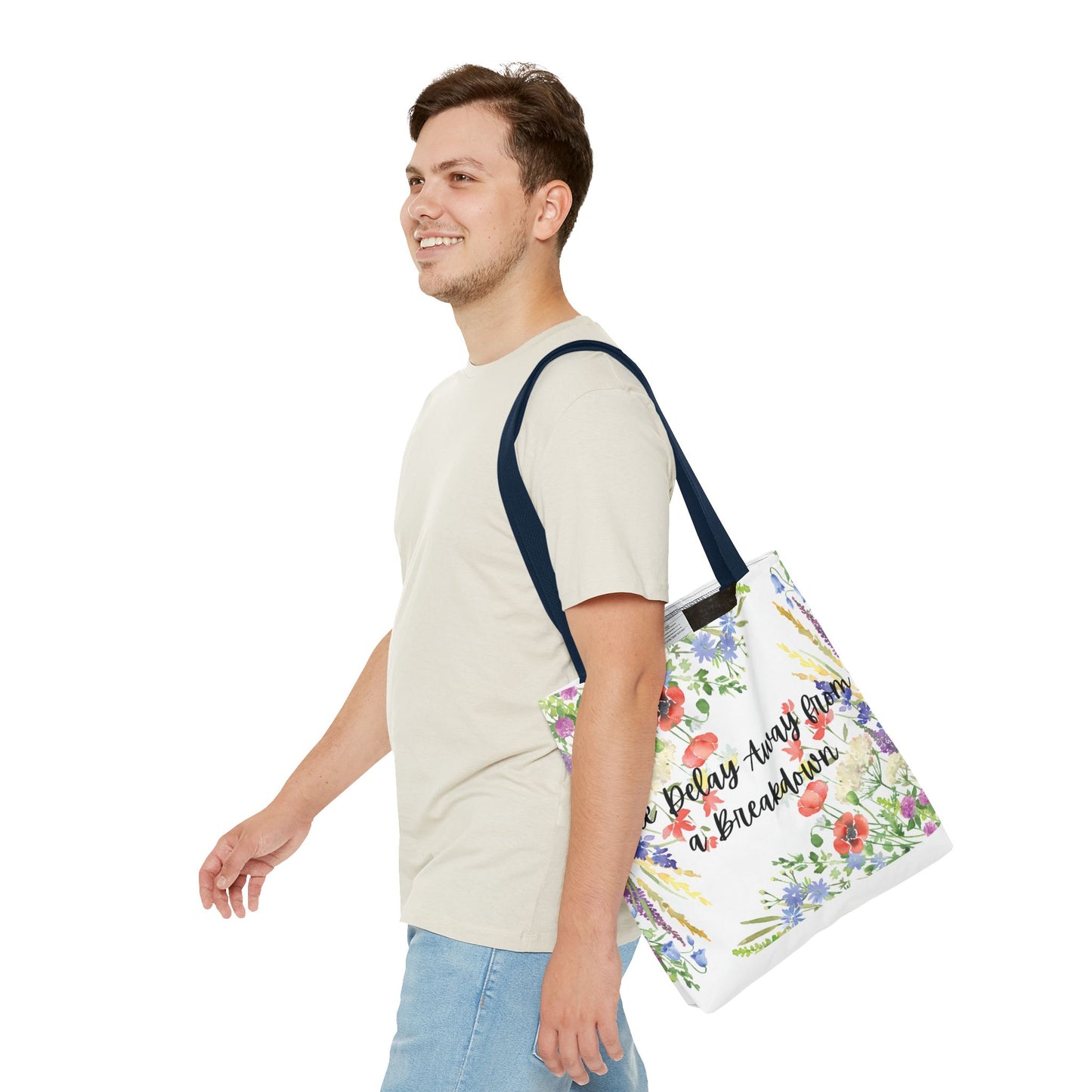 Floral "One Delay Away from a Breakdown" Tote Bag- perfect gift for any human with emotions.