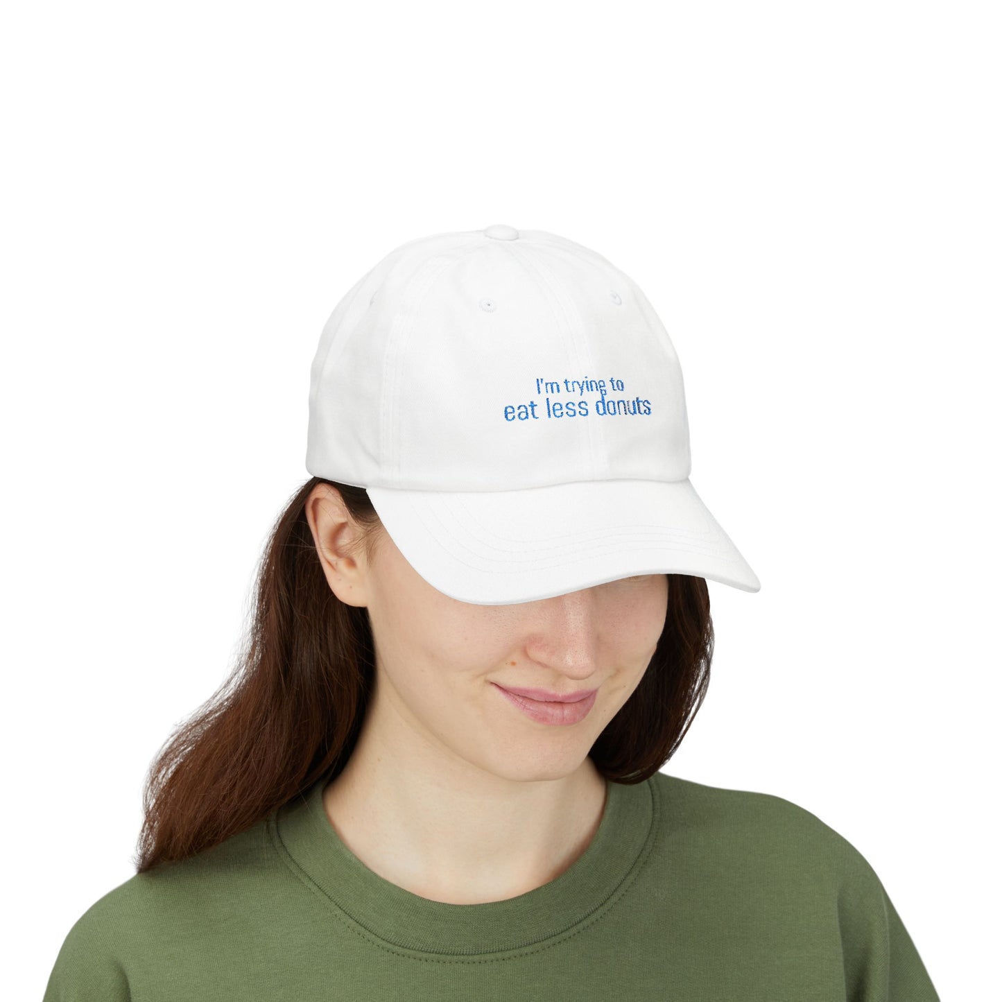 I'm Trying to Eat Less Donuts Cap- Sarcastic Embroidered Baseball Cap, Funny Foodie Gift, Relatable Snack Lover Hat