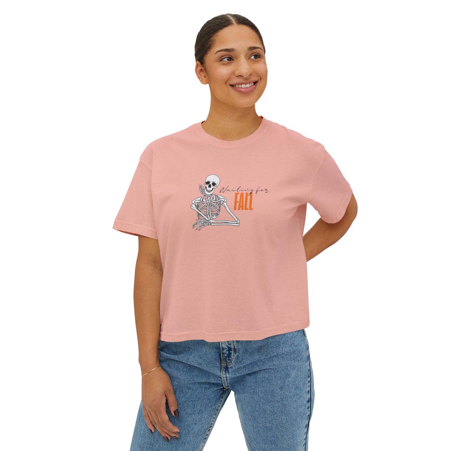 Fall Skeleton Boxy Tee, Women's Casual Graphic Top, Halloween Shirt, Autumn Apparel, Trendy Fall Fashion