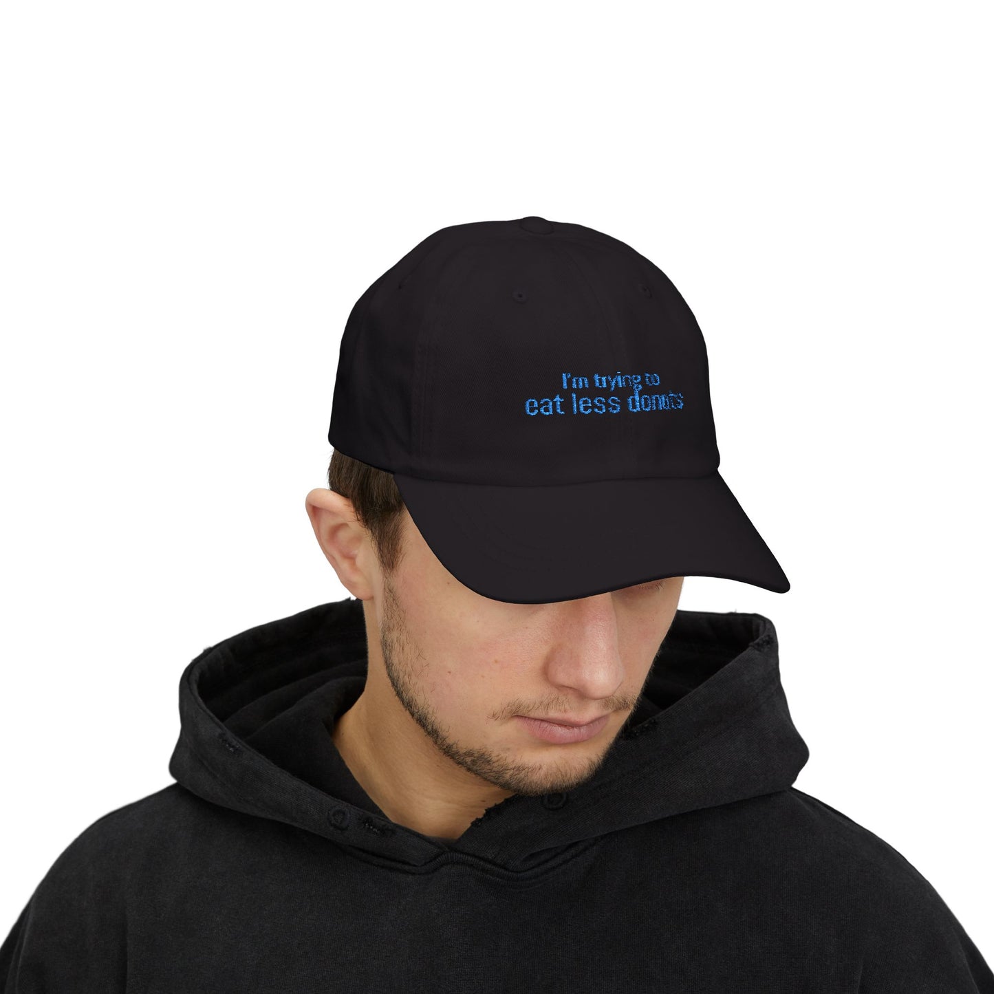 I'm Trying to Eat Less Donuts Cap- Sarcastic Embroidered Baseball Cap, Funny Foodie Gift, Relatable Snack Lover Hat