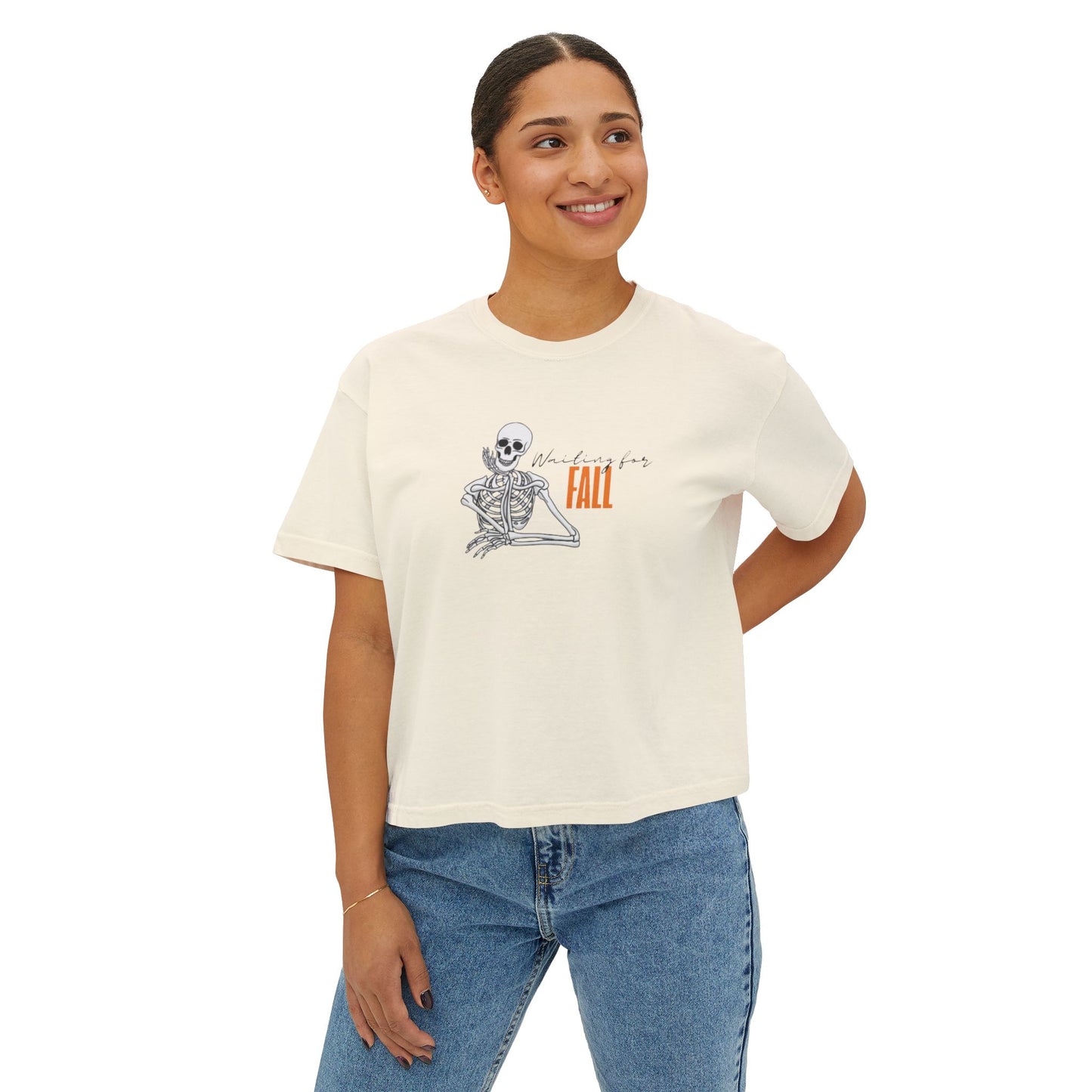 Fall Skeleton Boxy Tee, Women's Casual Graphic Top, Halloween Shirt, Autumn Apparel, Trendy Fall Fashion