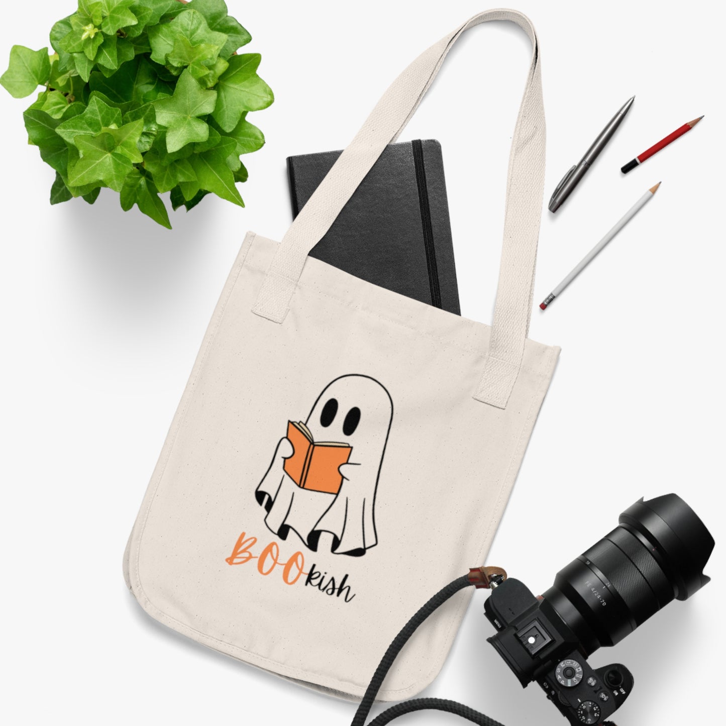 BOOkish Organic Canvas Tote Bag, Halloween Tote, Cute Ghost Bag, Eco-Friendly Shopping, Book Lover Gift, Fall Accessories