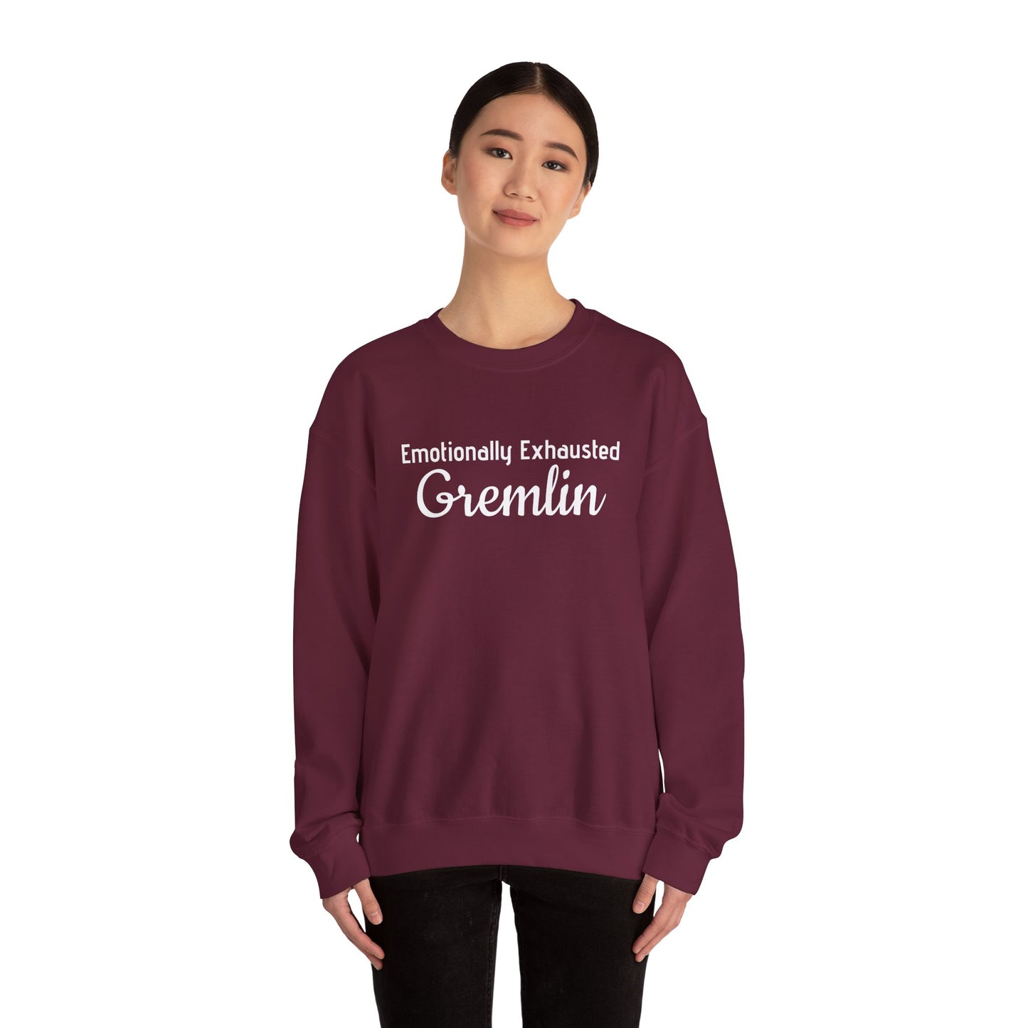 Emotionally Exhausted Gremlin Sweatshirt, Unisex Crewneck, Cozy Gift, Casual Wear, Fun Design, Halloween Fashion, Gift for Friends