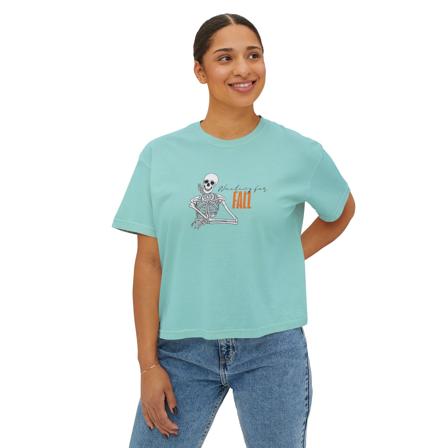 Fall Skeleton Boxy Tee, Women's Casual Graphic Top, Halloween Shirt, Autumn Apparel, Trendy Fall Fashion