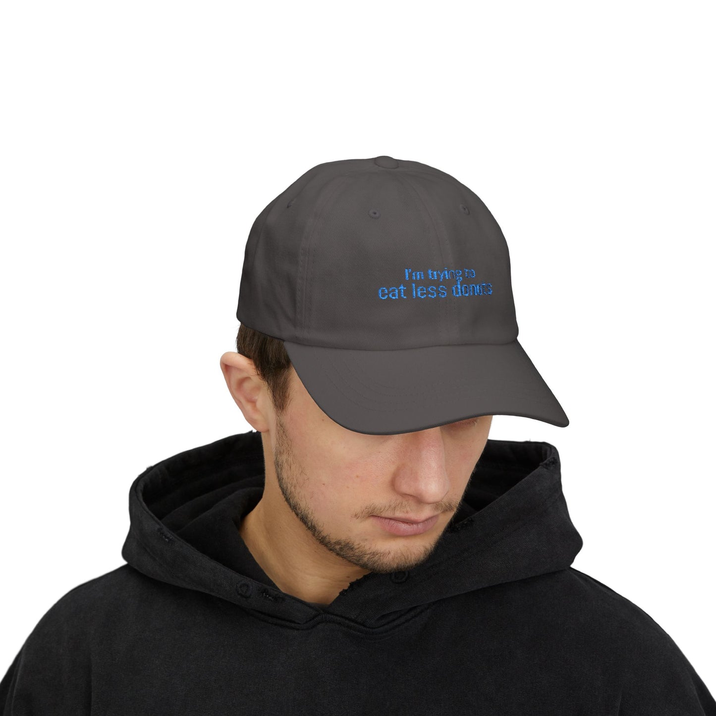 I'm Trying to Eat Less Donuts Cap- Sarcastic Embroidered Baseball Cap, Funny Foodie Gift, Relatable Snack Lover Hat