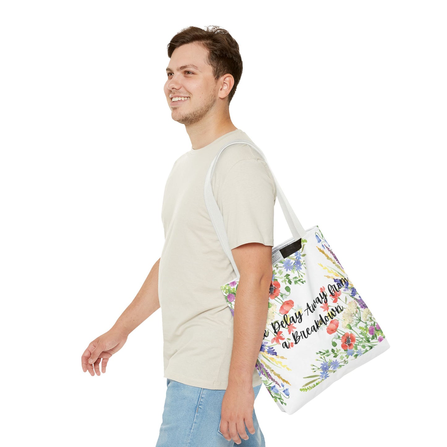 Floral "One Delay Away from a Breakdown" Tote Bag- perfect gift for any human with emotions.