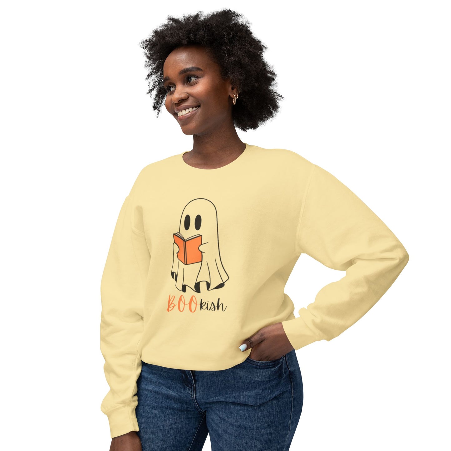BOOkish Ghost Crewneck Sweatshirt | Lightweight Sweatshirt for Book Lovers | Halloween Apparel, Cozy Sweater, Fall Fashion, Gift Idea