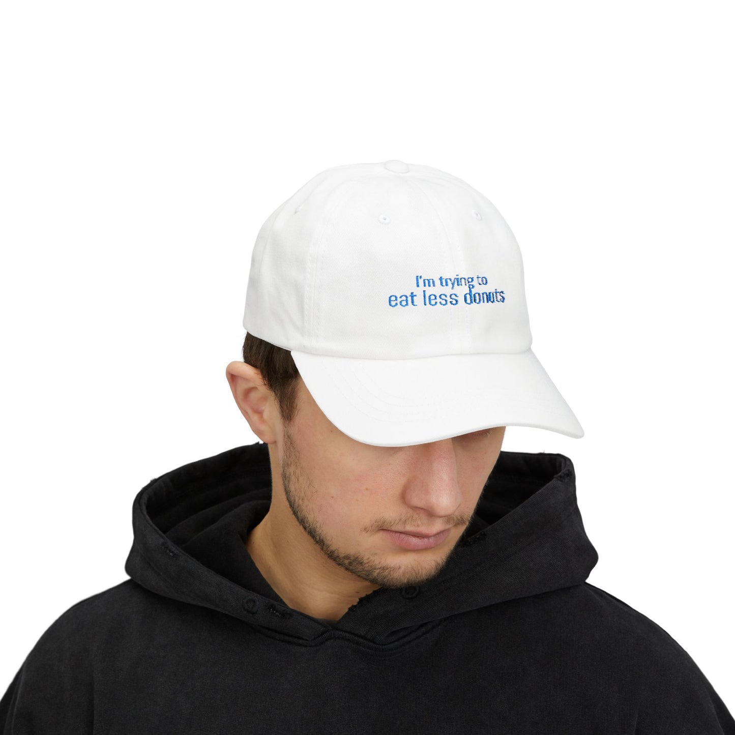 I'm Trying to Eat Less Donuts Cap- Sarcastic Embroidered Baseball Cap, Funny Foodie Gift, Relatable Snack Lover Hat
