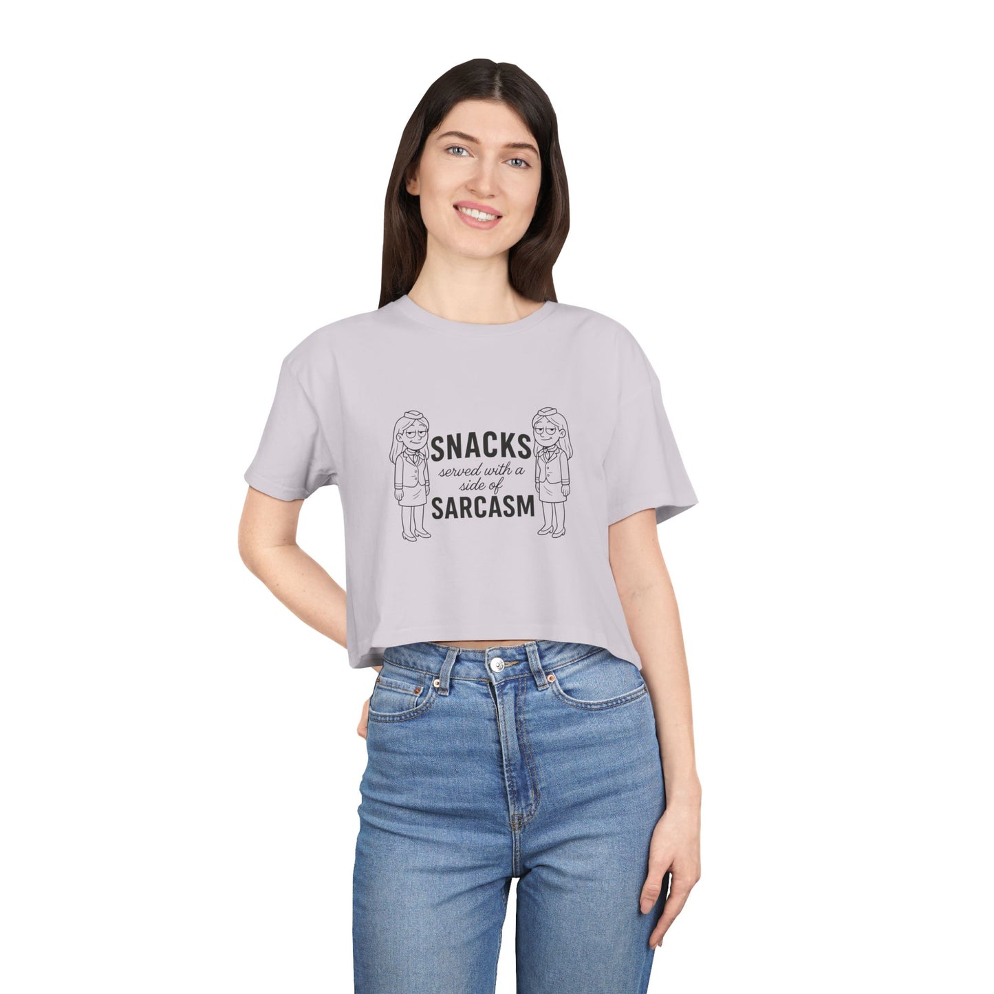 “Snacks & Sarcasm” Crop Tee- Funny Flight Attendant Shirt, Sassy Lounge Crop Top for Aviation Lovers or Snack Queens