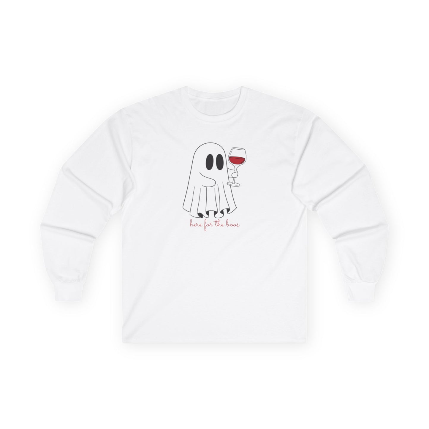 Ghost Wine Lover Long Sleeve Tee, Funny Halloween Shirt, Cute Pajama Top, Unisex Fall Apparel, Spooky Party Wear, Gift for Wine Enthusiasts