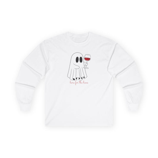 Ghost Wine Lover Long Sleeve Tee, Funny Halloween Shirt, Cute Pajama Top, Unisex Fall Apparel, Spooky Party Wear, Gift for Wine Enthusiasts