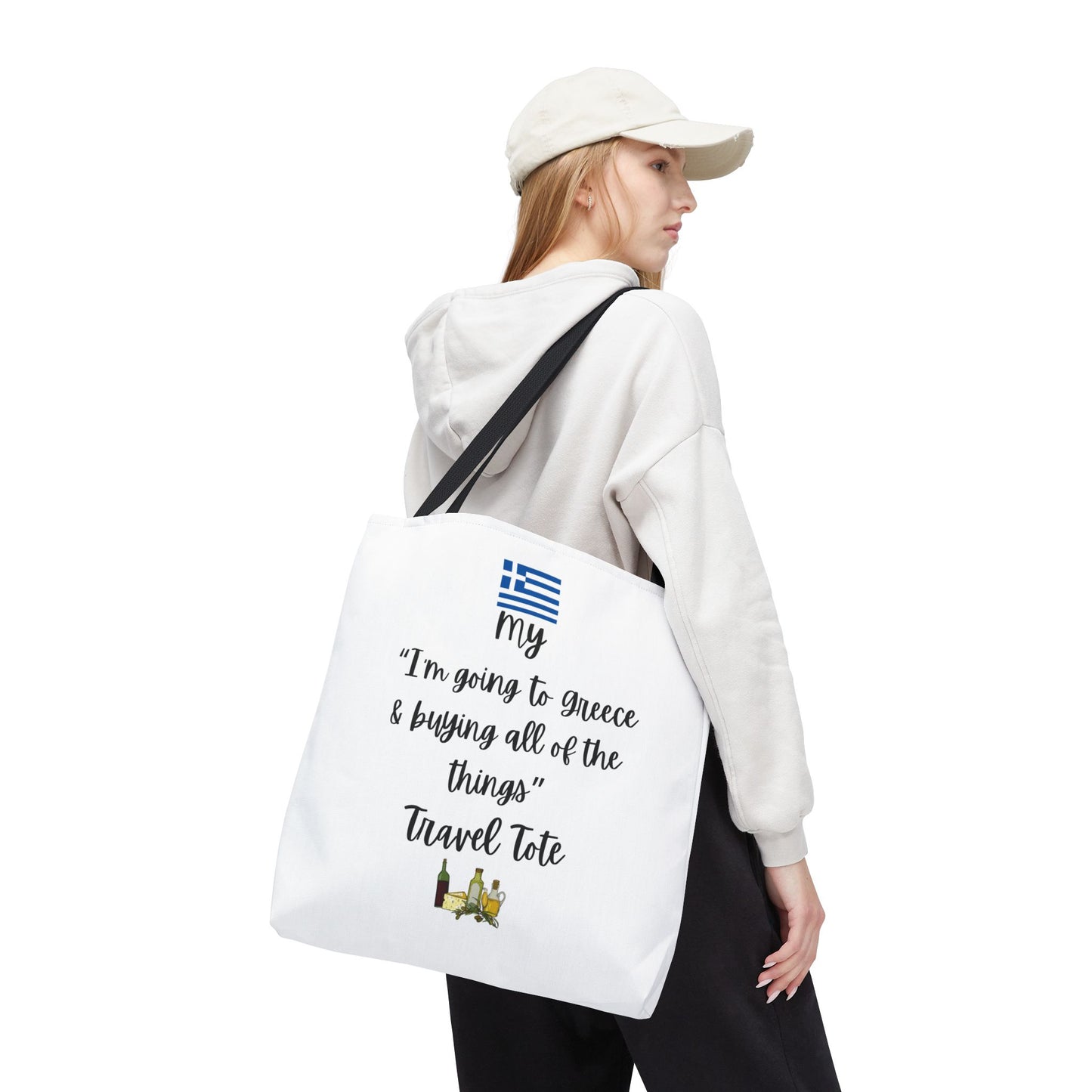 Travel Tote Bag – "My I'm Going to Greece & Buying All of The Things" – Perfect for Flight Crews, Vacation, Beach, Shopping, Gift for Travelers, Adventure