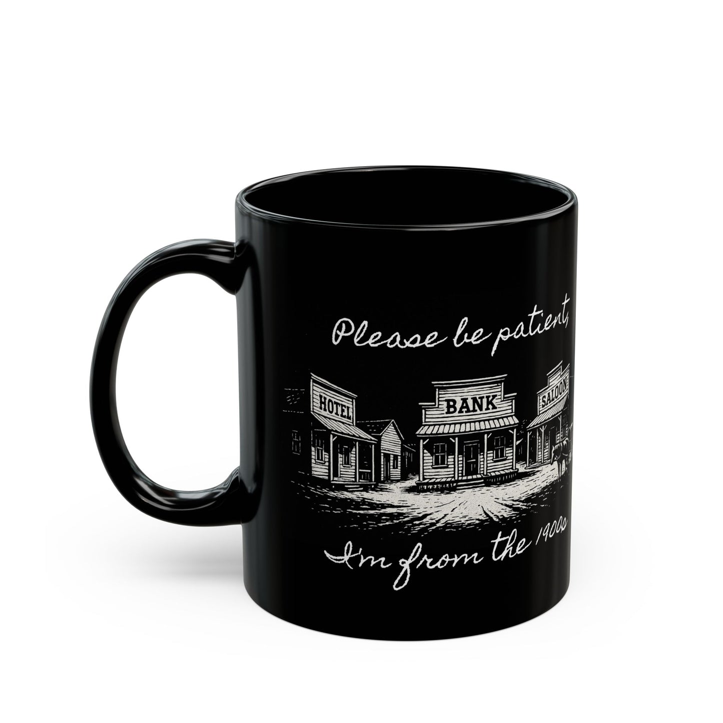 Vintage Western Saloon Black Mug- Funny Millennial Coffee Cup, Retro Humor Gift for Gen X or Elder Millennials