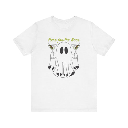 Here for the Boos Ghost Tee, Funny Halloween Shirt, Casual Unisex T-Shirt, Spooky Party Wear, Ghost Lover Gift