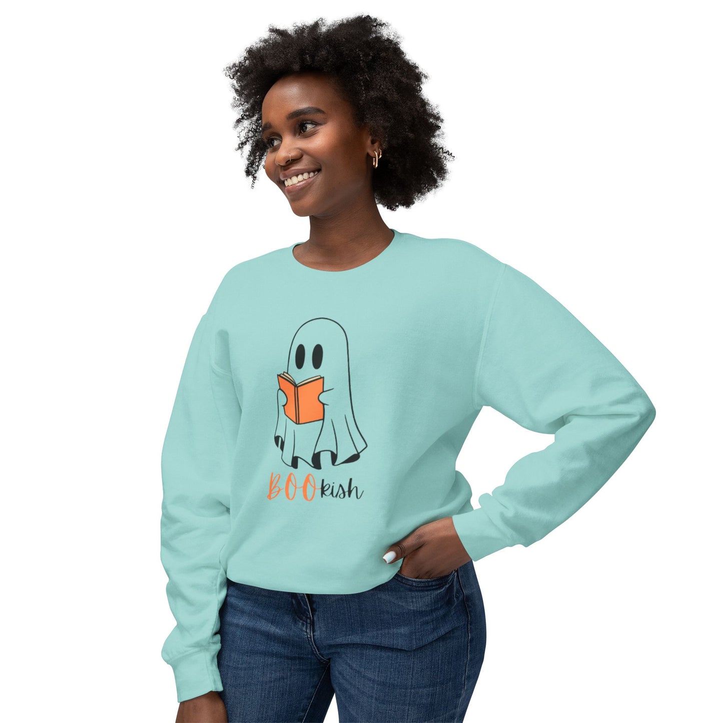 BOOkish Ghost Crewneck Sweatshirt | Lightweight Sweatshirt for Book Lovers | Halloween Apparel, Cozy Sweater, Fall Fashion, Gift Idea