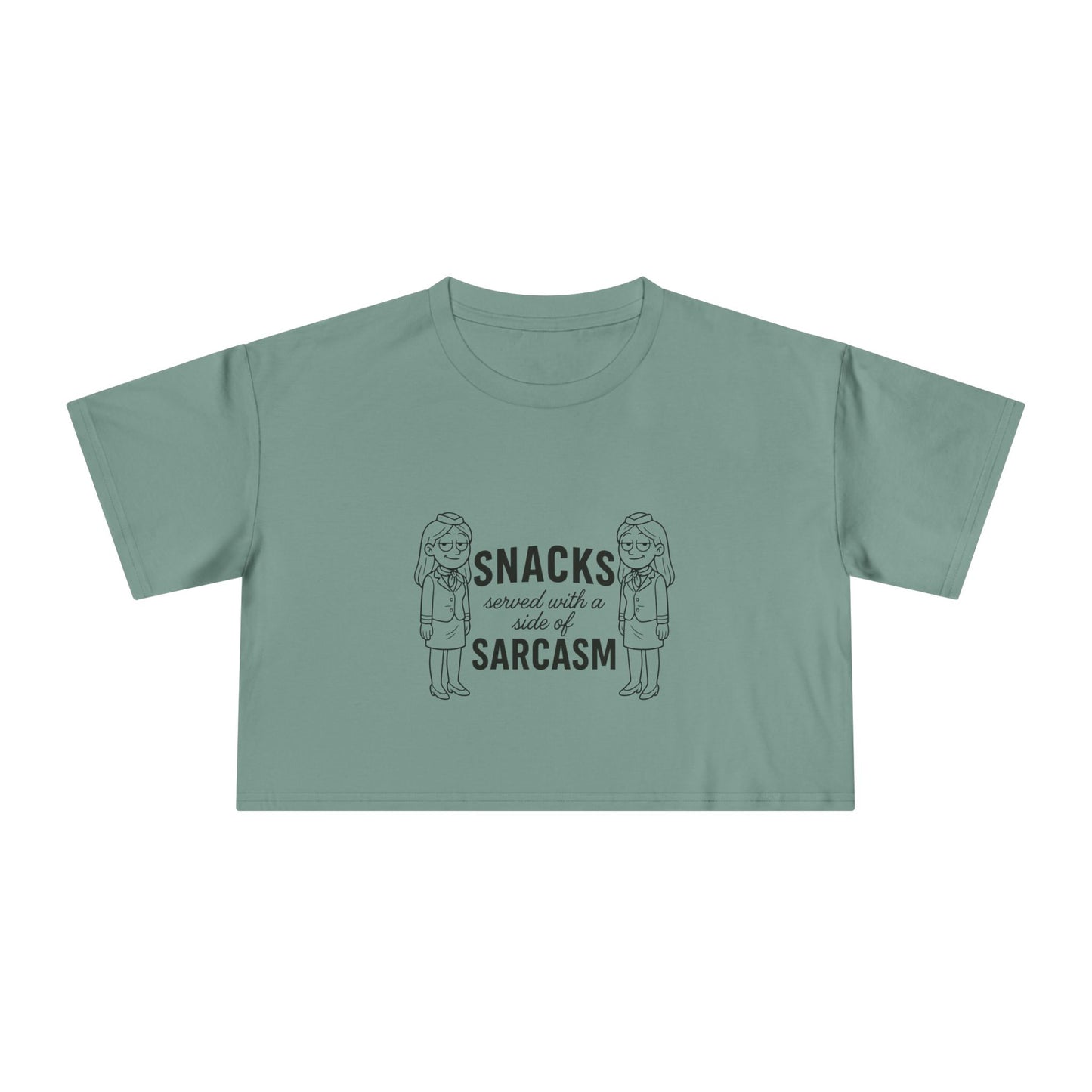 “Snacks & Sarcasm” Crop Tee- Funny Flight Attendant Shirt, Sassy Lounge Crop Top for Aviation Lovers or Snack Queens