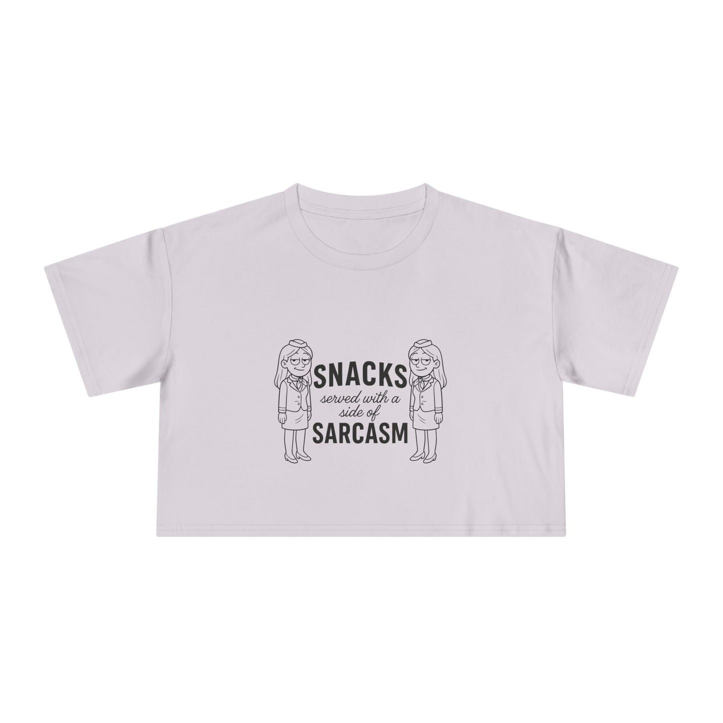 “Snacks & Sarcasm” Crop Tee- Funny Flight Attendant Shirt, Sassy Lounge Crop Top for Aviation Lovers or Snack Queens
