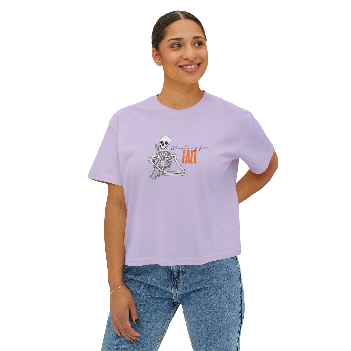 Fall Skeleton Boxy Tee, Women's Casual Graphic Top, Halloween Shirt, Autumn Apparel, Trendy Fall Fashion
