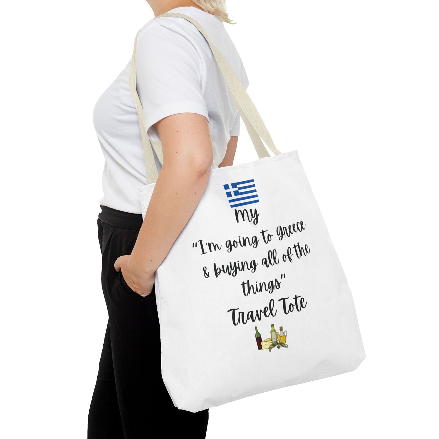 Travel Tote Bag – "My I'm Going to Greece & Buying All of The Things" – Perfect for Flight Crews, Vacation, Beach, Shopping, Gift for Travelers, Adventure