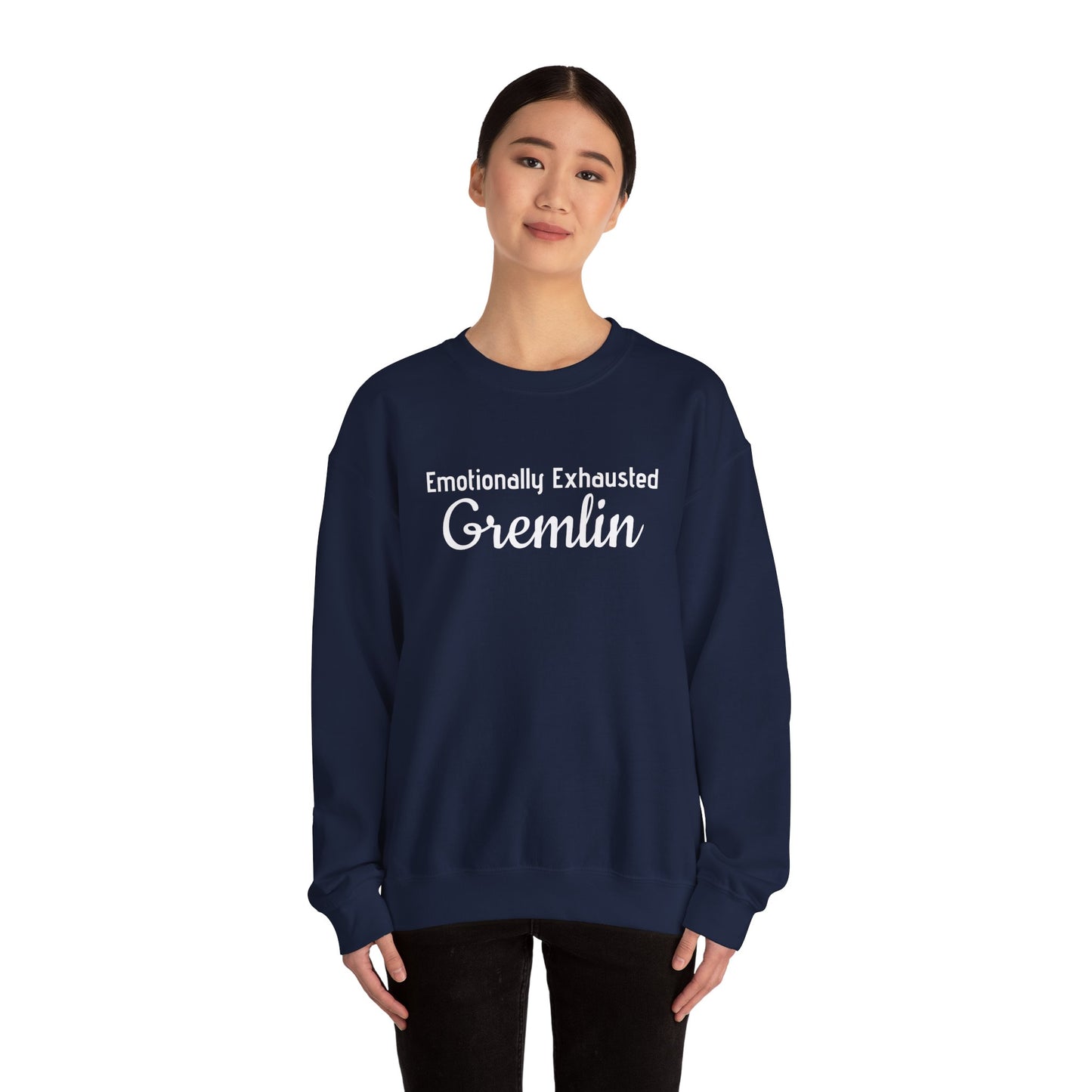 Emotionally Exhausted Gremlin Sweatshirt, Unisex Crewneck, Cozy Gift, Casual Wear, Fun Design, Halloween Fashion, Gift for Friends