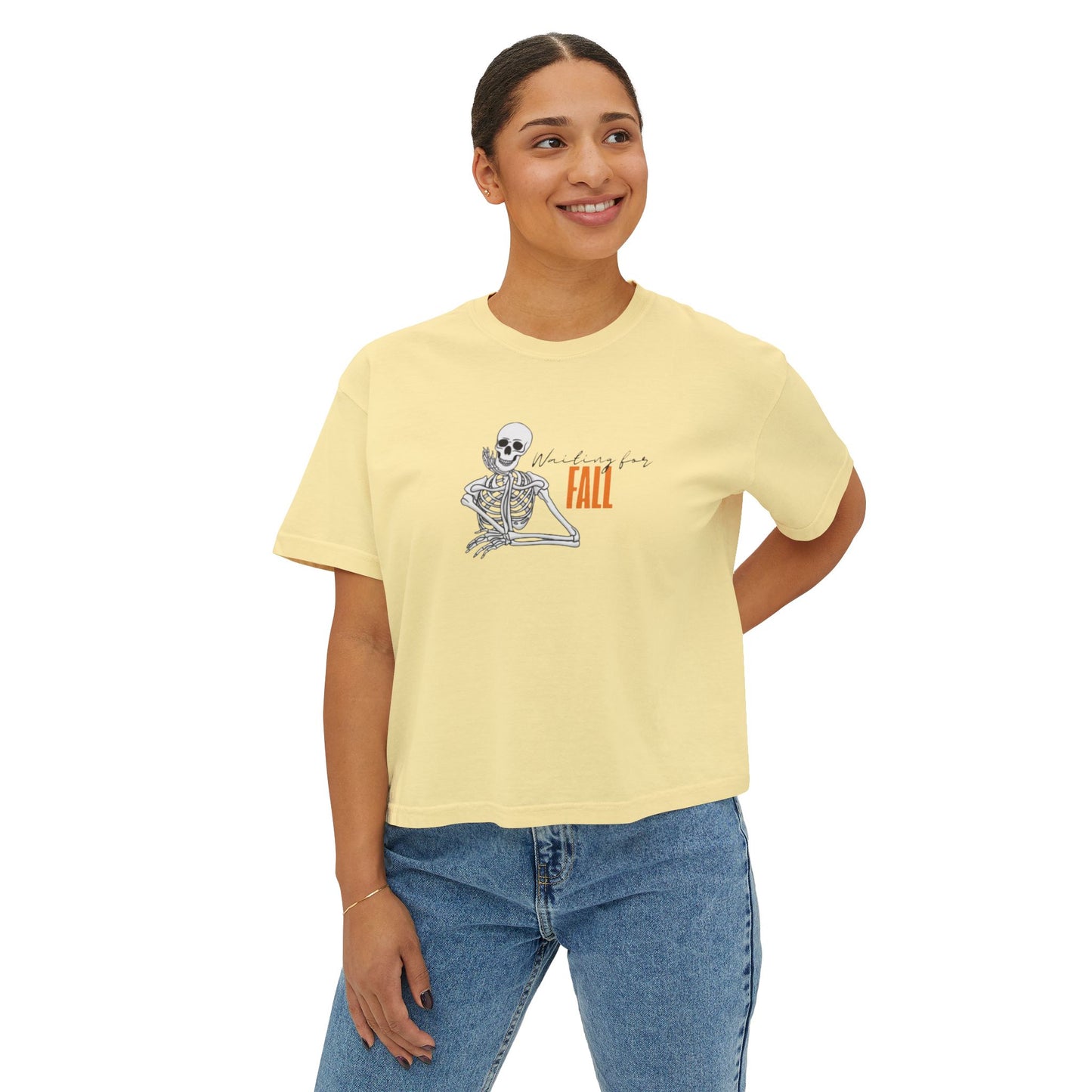Fall Skeleton Boxy Tee, Women's Casual Graphic Top, Halloween Shirt, Autumn Apparel, Trendy Fall Fashion